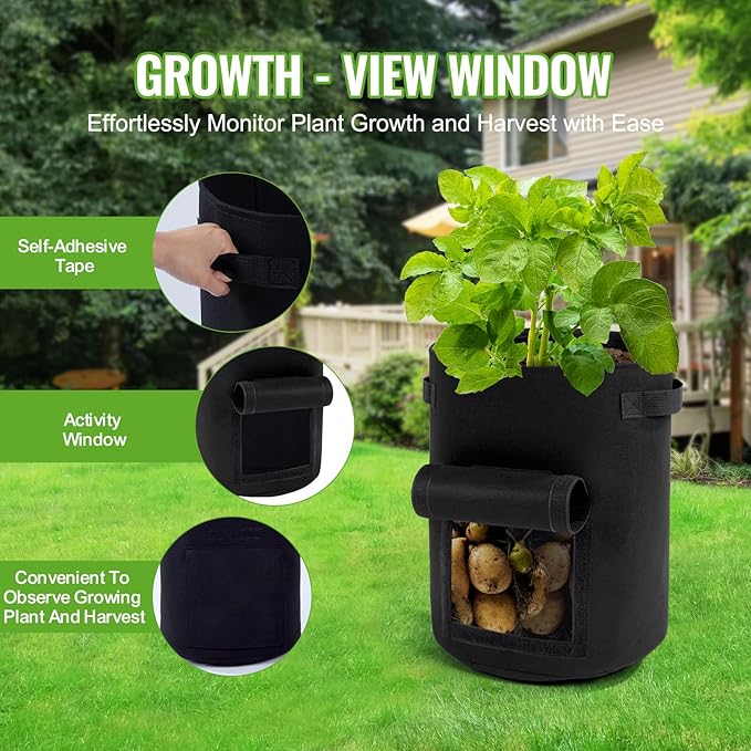 Backyard Expressions 10-Gallon Potato Grow Bags – Set of 4 Fabric Planter Bag with Harvest Window & Handles – Reusable, Breathable, Durable for Vegetables, Herbs & Root Crops