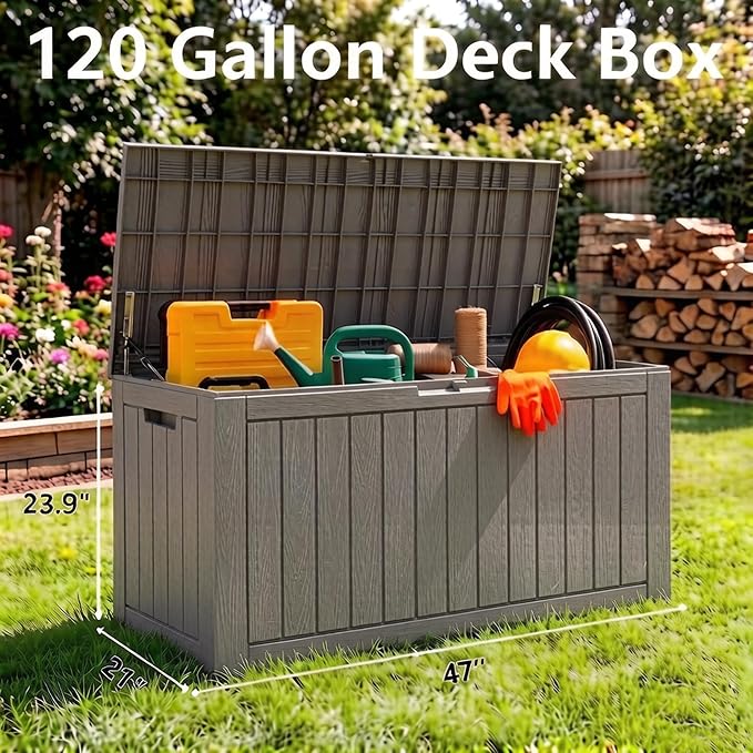 120 Gallon Outdoor Storage Box, Resin Deck Boxes Outdoor Waterproof For Patio Furniture, Garden Tools, Pool Supplies, Durable And UV Resistant, Lockable（Gray）