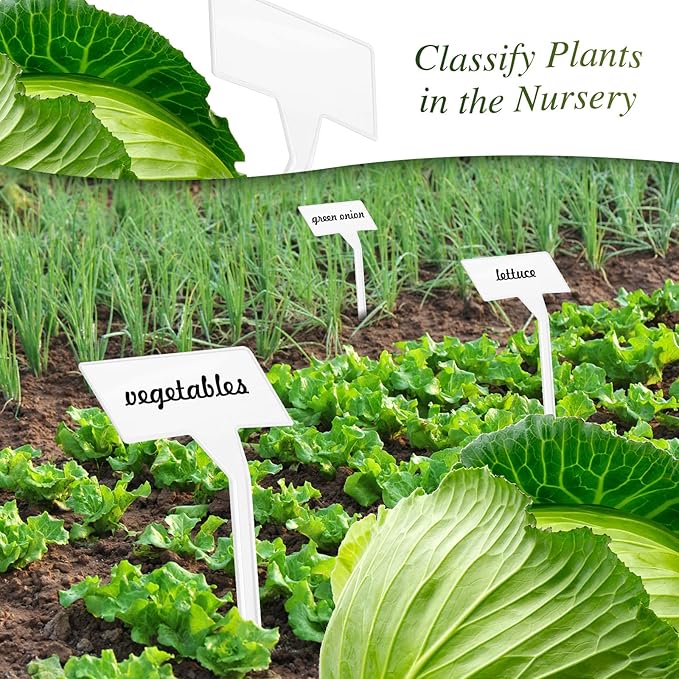 202 Pcs Large Plant Labels Kit, Include 100 Outdoor Plastic Plant T Type Tags Waterproof Reusable Plant Markers Stakes, 100 PET Films and 2 Marker Pens for Garden Herbs Flowers Pot (White, 11.8 Inch)