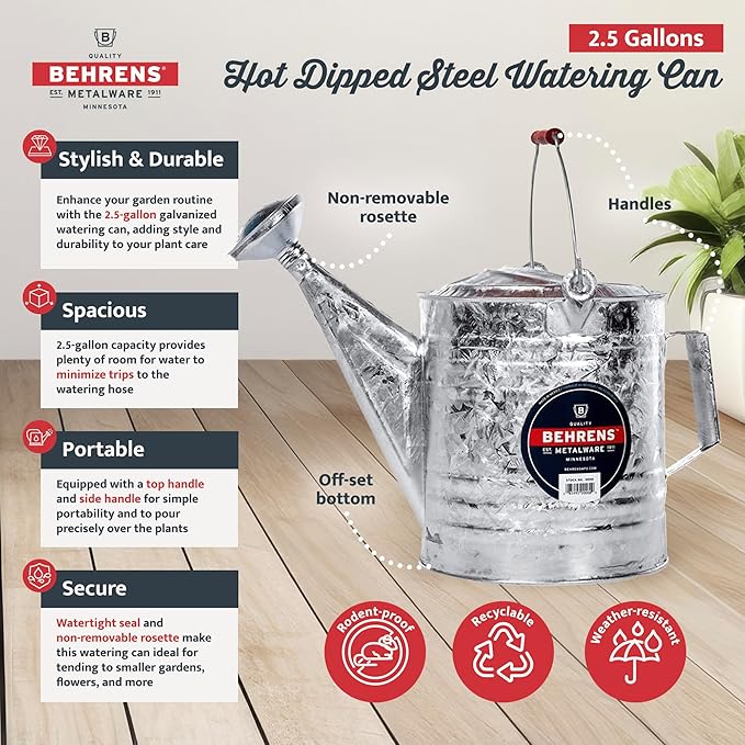 Behrens Weatherproof Hot Dipped Galvanized Steel Watering Can with Wooden Handle and Side Handle for Watering Flowers and Gardens, Gray.