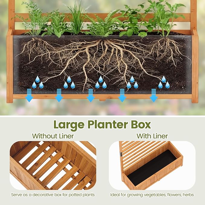 Giantex Set of 2 Raised Garden Bed with Trellis, 59” Tall Planter Box with Liner, Drainage Gaps for Climbing Vine Vegetable Flower, Indoor Outdoor Freestanding Privacy Screen for Porch Patio Yard
