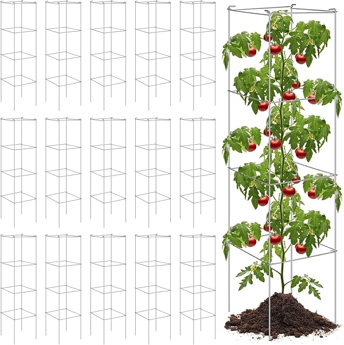 Hicarer 16 Pack Square Tomato Cage Heavy Duty Tomato Cages for Garden Vegetable Plant Trellis Stakes Plant Support Stake Tower for Climbing Vegetables Plants Flowers Fruit (11.5 x 46 Inches,Silver)