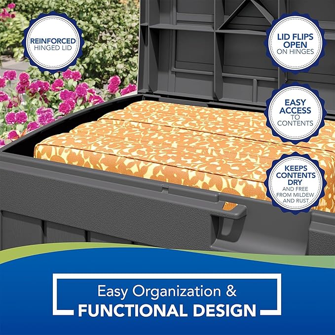 Suncast 50 Gallon Medium Capacity All Weather Construction Resin Outdoor Storage Deck Box with Arched Lid for Patio, Garden, or Pool, Peppercorn
