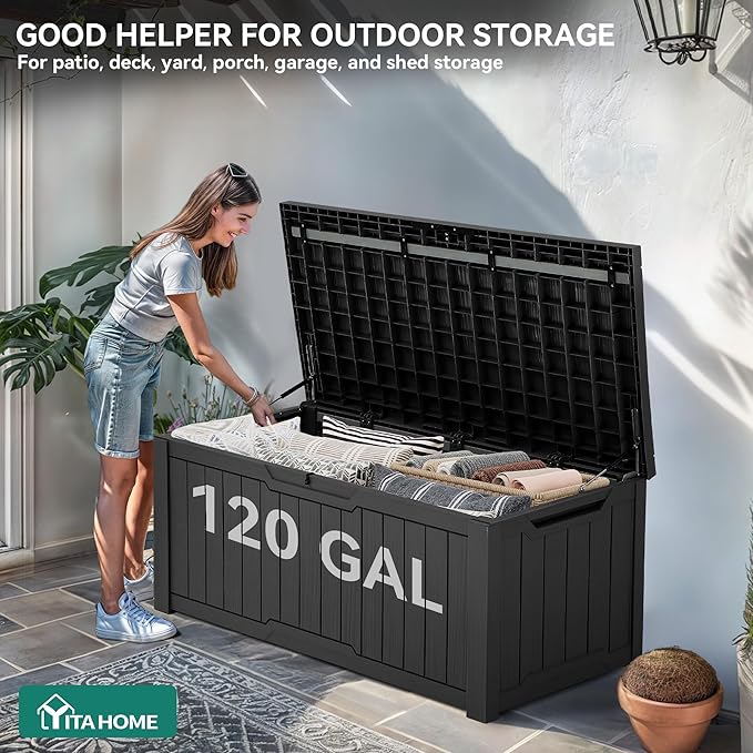 YITAHOME 120 Gallon Resin Deck Box, Weather Resistant Outdoor Storage Box for Patio Cushions, Garden Tools, Pool Supplies, Lockable, Easy Assembly, Extra Seat or Table (Dark Gray)