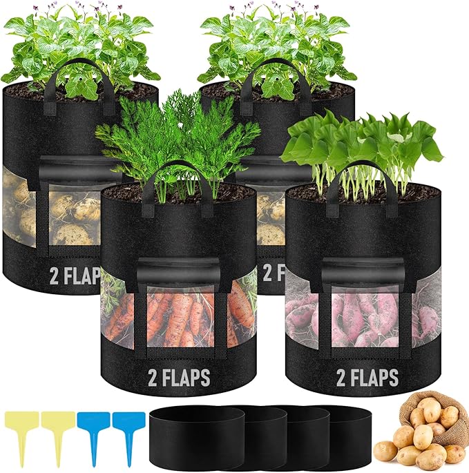 4 Pack 7 Gallon 360°Visible Potato Grow Bags,Heavy Duty Thickened Nonwoven Fabric Planter Bags with 2 Clear Harvest Windows&Removable Shading Cover,Reinforced Handles,Vegetable Grow Bags with Labels
