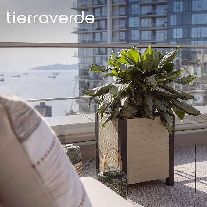 Tierra Verde 17-Inch x 17-Inch Flora Cube Planter Box with Tool-Free Connect System and Crafted from Recycled Materials, for Patios or Decks, Khaki