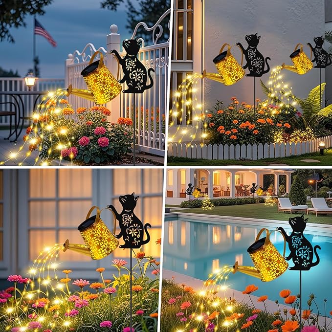 ZFNN Solar Garden Decor Lights, Outdoor Waterproof Solar Watering Can with Cascading Lights, Metal Cat Silhouette Stake Yard Art for Outside Lawn Patio, Unique Gardening Gifts for Women Mom