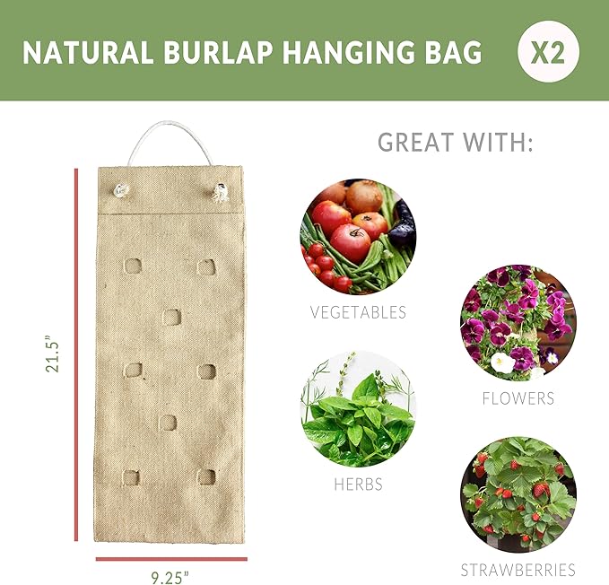 Hang & Grow Burlap Hanging Planter Bags for Outdoor Plants, Vertical Flower Hanging Bag for Easy Outside Garden Decoration, Reusable for Flowers, Strawberry, Vegetables and Herbs, (2 Bags, 8 Holes)