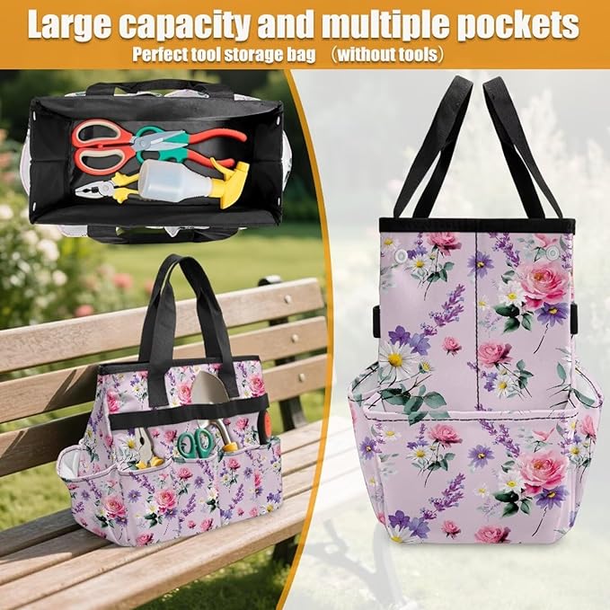 Rose Daisy Garden Tool Bag Portable Gardening Tool Organizer Bag with 10 Pockets and Handle Tool Carrier and Storage for Garden Lawn Yard Casual Camp