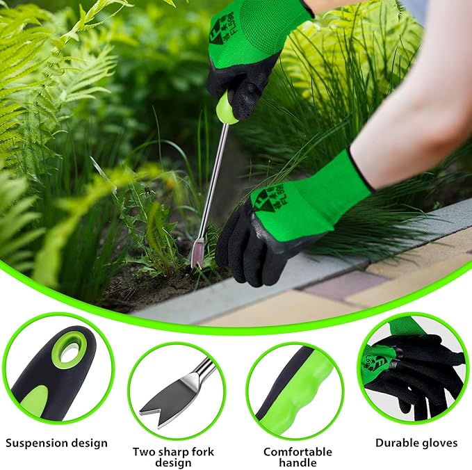 12.8'' Dandelion Weed Puller Tool with Soft Handle Polished Stainless Steel Garden Hand Weeder Remover Tool Two-pronged Fork with Gloves for Garden Lawn Farmland Planting Care in Patio Lawn Yard