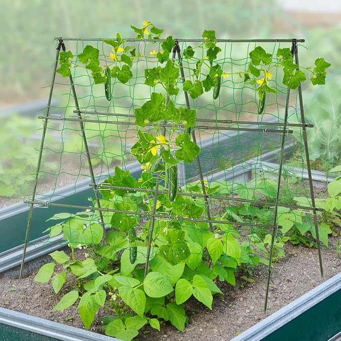 Lalahoni Cucumber Trellis, 4ft x 4ft Metal A-Frame Garden Trellis Climbing Plant Outdoor Support Fruit Grape Vine Vegetable Tomato Pea Bean Cucumber Trellis Raised Bed, with Netting, Green
