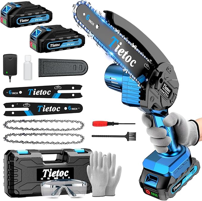 Tietoc Mini Chainsaw, 6 Inch Chain Saw Cordless, 880W Powerful Electric Handheld Chainsaw with Automatic Oiler, with 2 Batteries and 2 Chains, Tree Trimmer Gardening Tools Gift for Men, Father, Dad