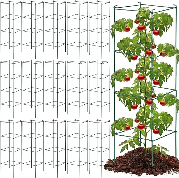 Hicarer 16 Pack Square Tomato Cage Heavy Duty Tomato Cages for Garden Vegetable Plant Trellis Stakes Plant Support Stake Tower for Climbing Vegetables Plants Flowers Fruit (11.5 x 46 Inches,Green)