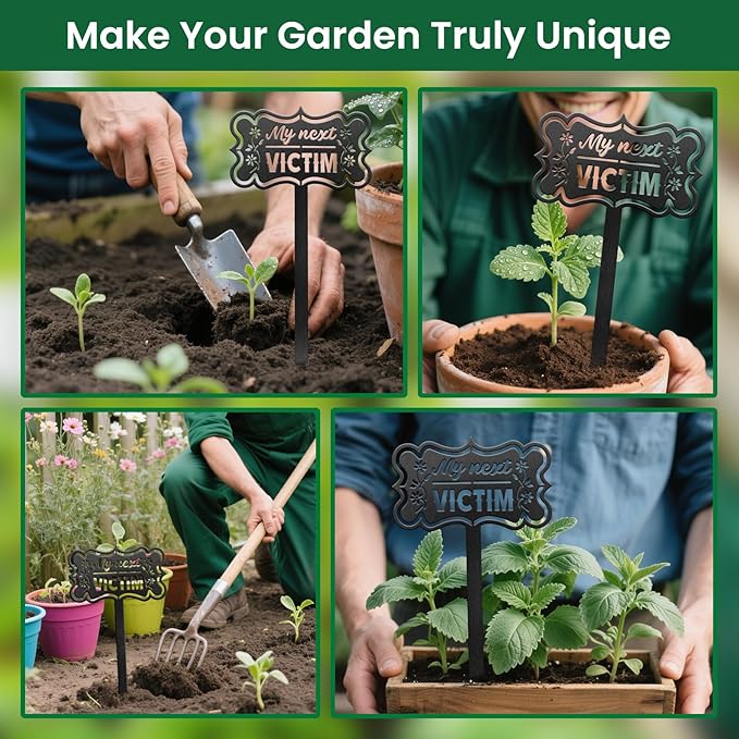 CUTHOLLOW Metal Plant Marker Stake My Next Victim for Outdoor Indoor, Waterproof 11.8 inch Cute Garden Plant Labels Sign Tag for Herb, Farmhouse Greenhouse Decor - Funny Gardening Gifts