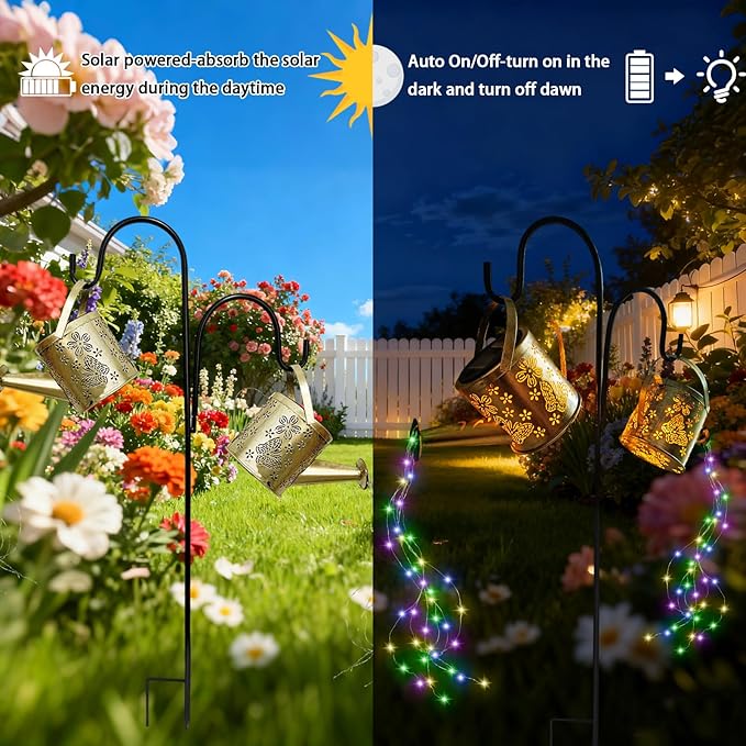 DDQ 2PC Solar Watering Can Lights for Outside, Colors 58 LED Solar Garden Lights with Shepherds Hook,IP65 Waterproof Auto On/Off for Yard Decorations Outdoor Garden, for Mom Holiday Gift