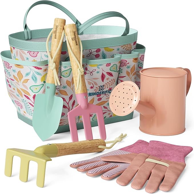 Gardening Set, Tool Kit, for Kids, STEM, Includes Tote Bag, Spade, Watering Can, Rake, Fork, Trowel and Gloves, Fruity