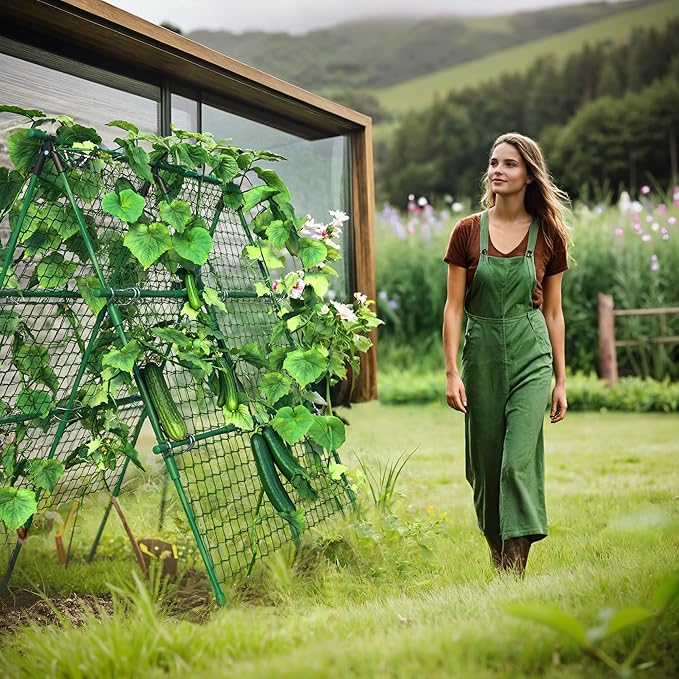 4ft x 4ft Green Metal a-Frame Cucumber Trellis for Climbing Plants – Foldable Garden Support for Cucumbers, Tomatoes, Peas, Beans & Vines with Netting – Fits Raised Beds