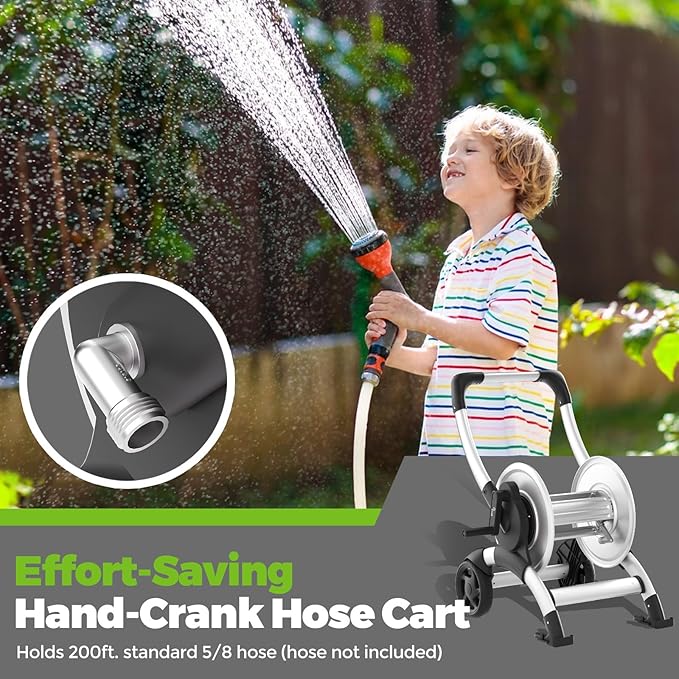 Upgrade Hose Reel Cart, Holds 200 Feet of 5/8" Hose, Hose Reel Cart With Effort-saving Hand Crank,2 Wheels,Heavy Duty Freestanding Water Hose Reels for Outside Garden Lawn Yard Outdoor