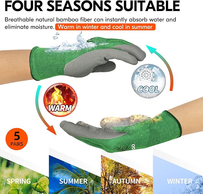 Vgo... 5Pairs Ladies' Bamboo Gardening Work Gloves (M, Green, RB6026)