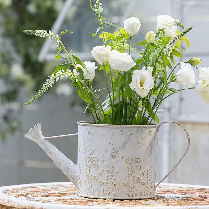 Vintage Metal Watering Can with Floral Embossed Design Garden Distressed White Decorative Watering Pot Planter Rustic Farmhouse Waterer for Home Indoor Outdoor Garden Balcony Courtyard (White#2)