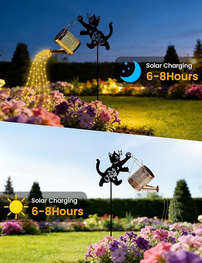 Solar Watering Can Lights with Cascading Light, Solar Lights Outdoor Garden Decor, IP65 Waterproof Hanging Lantern, Hanging Gardening Decor for Outside Patio Porch Yard (Cat)