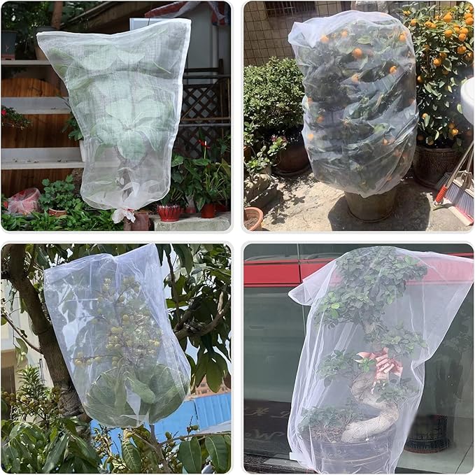 Kikhope 5 Pcs Insect Bird Barrier Netting Mesh with Drawstring- 41"x27" Garden Netting Pest Barrier Plant Cover- Fruit Tree Net for Protect Plant Fruits Flower Vegetables from Insect Bird Eating