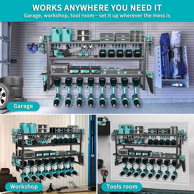 Power Tool Organizer Wall Mount Loads 400lbs, 4 Layers Heavy Duty Tool Organizers and Storage, Cordless Tool Rack with 8 Drills Holder, for Garage Workshop Shed Tool Room Garden