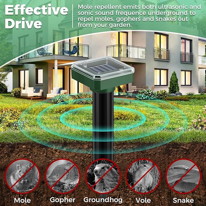 Mole Repellent Solar Powered 10 Pack,Ultrasonic Vole Repellent Outdoor, IP 44 Waterproof Animal Deterrent for Yard Garden,Effective Get Rid of Gopher Raccoon Squirrel Groundhog Chipmunk