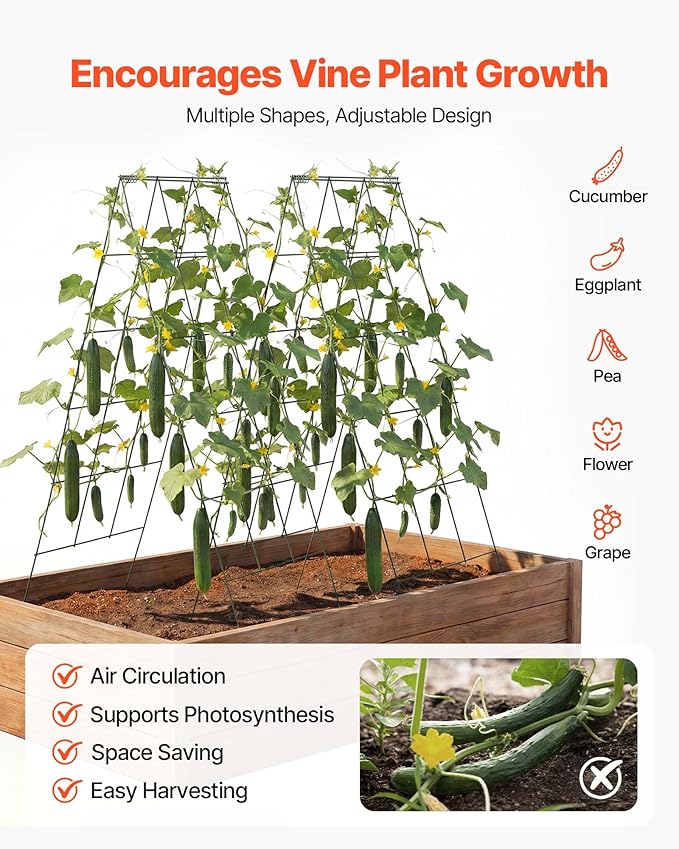 VEVOR Cucumber Trellis, 46" High Foldable A-Frame Garden Trellises for Raised Bed, 4 Panels, Metal Rustproof Outdoor Climbing Plant Support with 2 Plant Bags for Vine, Peas, Beans, Tomato, Flowers