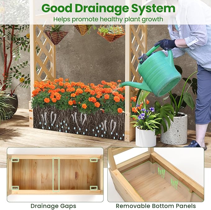 Giantex Raised Garden Bed with Trellis & Hanging Roof, Wooden Elevated Planter Box with Drainage Hole, Freestanding Gardening Planter Raised Bed for Flowers Herbs Climbing Plants Vines, 44”x14”x45”