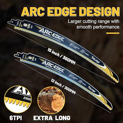 TOLESA 12&15in. Japanese Teeth Reciprocating Saw Blade, Arc Edge Wood Pruning Saw Blades 6TPI for Tree Trimming, Wood Cutting, Durable & Sharp, 4-Pack