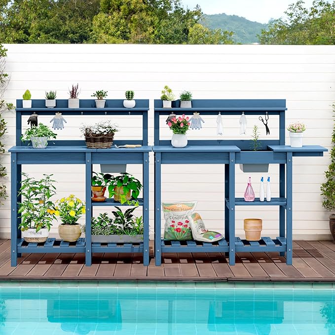 SERWALL Outdoor Potting Bench 2-Piece Set, Rot-Resistant HDPE Potting Table with Removable Sink for Outside Gardening, All-Weather Use - Blue