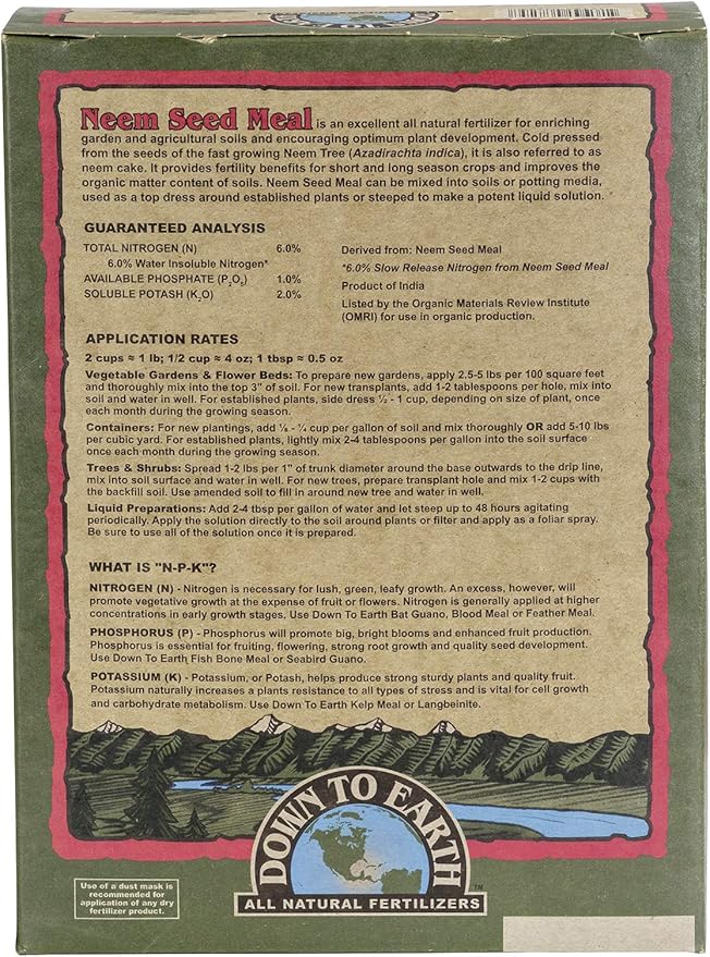 Down To Earth All Natural Fertilizers Organic Neem Seed Meal, Plant Food for Vegetable Gardens and Raised Beds 6-1-2, 5 lb