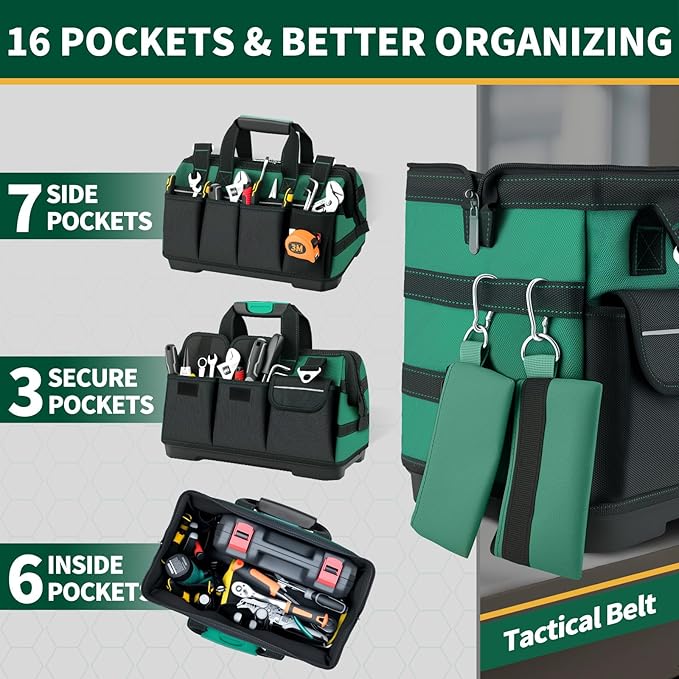 Tool Bag, 16 Inch Molded Bottom Toolbag, 18-Pocket Heavy Duty Portable Waterproof Toolbox, Soft Handle Tool Organizer for Mechanics, DIY, Valentines Day Gifts for Him Dad Men
