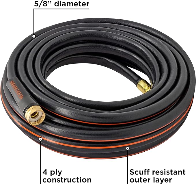 Black + Decker® Medium Duty Garden Hose – 5/8 in x 50 ft, 4-Ply Construction, 300 PSI, Solid Brass Couplings BXMHBB22178
