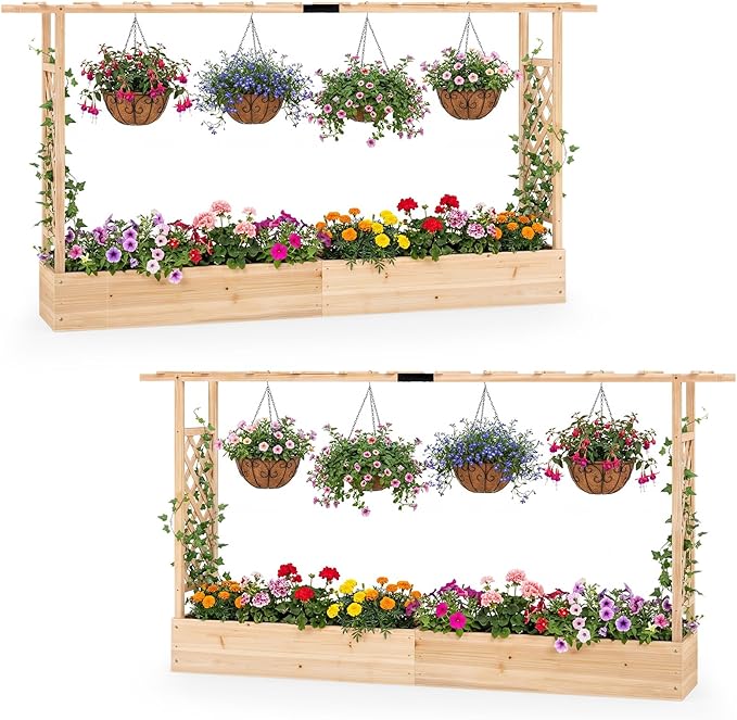 HAPPYGRILL Raised Garden Bed with Trellis, 2 Freestanding 45" Wood Planter Box w/Hanging Roof & 8 Drainage Holes for Vine Climbing Plants Flowers, Outdoor Wood Elevated Garden Bed for Patio Yard