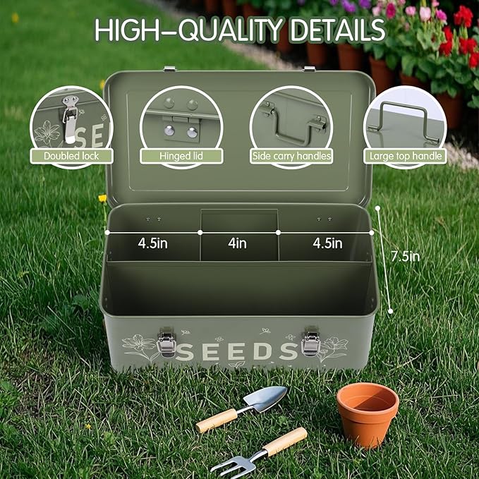 Seed Storage Organizer, Seed Saving Box with Lid, Metal Seed Bin Seed Packet Container with 50 Seed Envelopes 60 Transparent Bottles 1 Funnel 1 Marker Pen 4 Compartments Box with Locks, Green