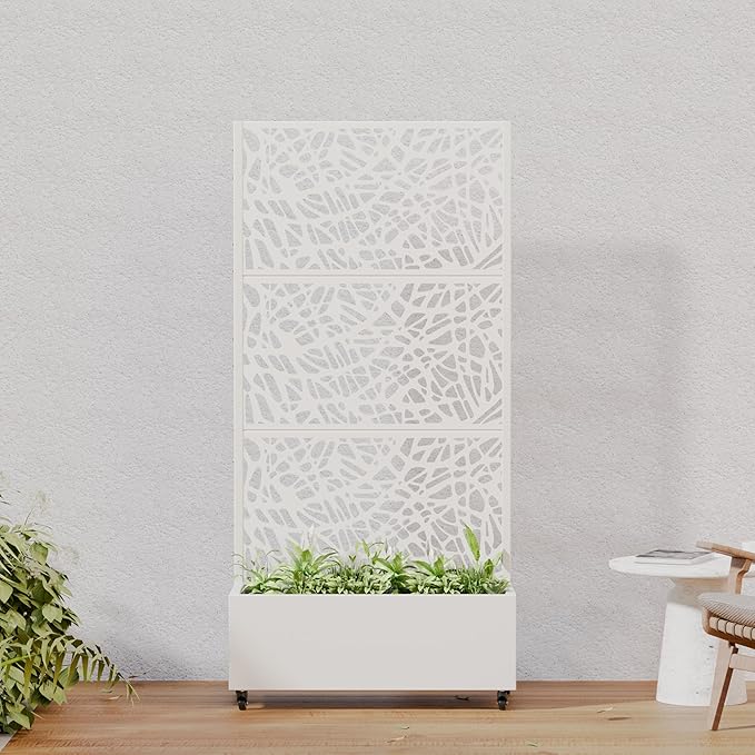 Casaphoria Metal Raised Garden Bed with Trellis and Wheels, 72"x35"x16" Planter Box for Climbing Plants, Vegetables & Vines, Features Drainage Holes and Privacy Screen, White-Net