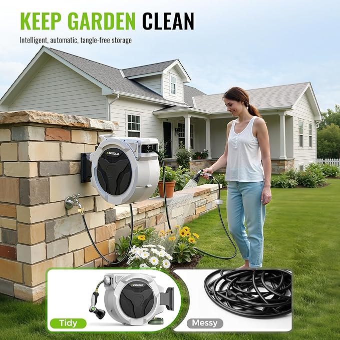 Retractable Hose Reel 100ft 1/2 in, Wall Mounted Garden Hose Reel Heavy Duty with 10 Spray Nozzle, Auto Rewind, 180° Swivel Bracket, UV Resistant