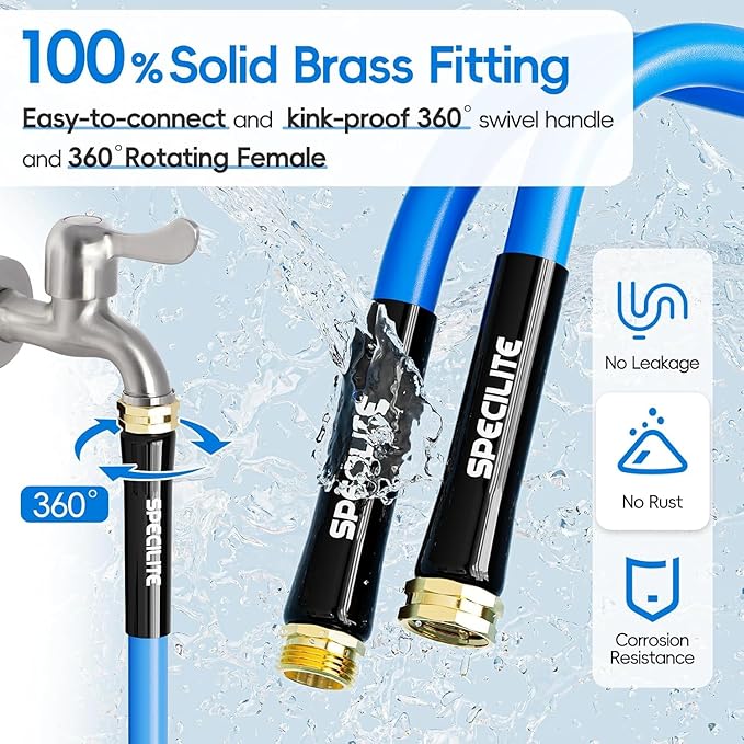 SPECILITE Female to Female Hot/Cold Garden Water Hose 10 ft x 5/8 Inch for Hose Reel, -50℉To 190℉, Heavy Duty, Flexible, Burst 605 Psi, Rubber Extension Pipe with 3/4" Brass Fittings