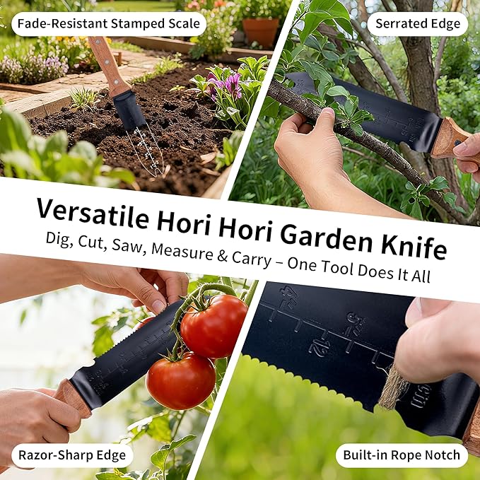 YANG Hori Hori Garden Knife, 7" Stainless Steel Gardening Knife with Oxford Cloth Sheath, Full Tang Beechwood Handle Garden Tool for Dividing Plants & Weeding, Forked Tip for Transplanting