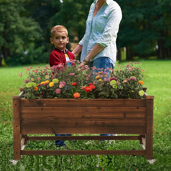 Raised Garden Bed 41x21x20-inch Mobile Elevated Wood Planter Lockable Wheels, Outdoor Wood Elevated Planter Box Kit Customized for Children（Brown）