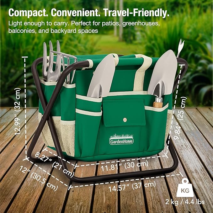 GardenHOME 7-Piece Green Gardening Tool Set – Stainless Steel Tools with Wooden Handles, Folding Stool & Canvas Tote, Durable Garden Kit for Every Gardener
