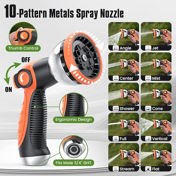 Flexible Garden Hose 50 ft, Non-Expanding Lightweight Water Hose, with 10 Pattern Sprayer, All Weather, Durable, Kink and Abrasion-Resistant, Leak-Free, Orange