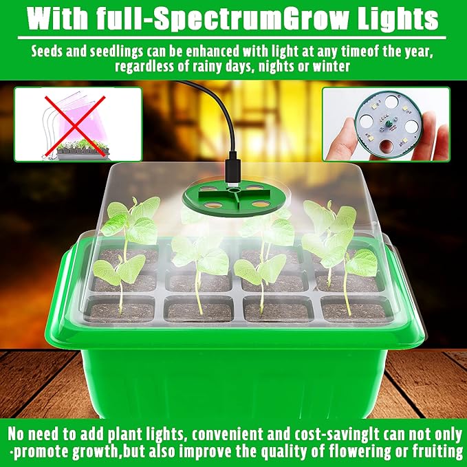 Seedling Starter Tray Kit with Upgraded Grow Light, 5 Pack Indoor Seed Plant Starter Set Kit with Grow Light for Seed Starting, 60 Cells Seed Germination Tray Kit with Humidity Domes