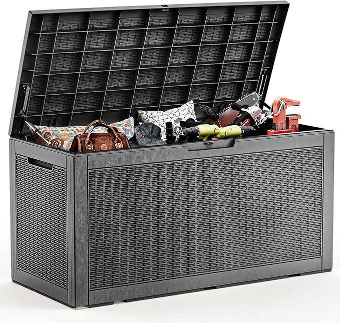 120 Gallon Resin Deck Box Outdoor Storage Box Waterproof for Patio Furniture,Outdoor Cushions,Garden Tools and Pool Supplies（Black）
