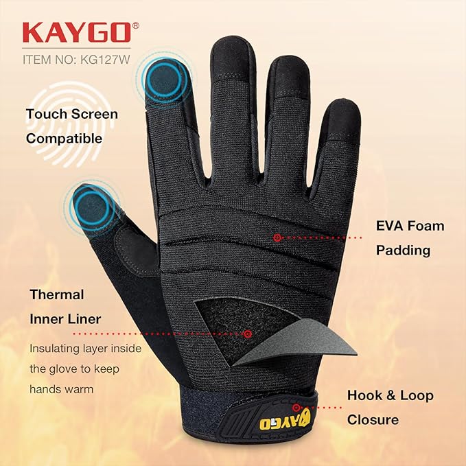 KAYGO Insulated Mechanic Work Gloves,KG127W Winter Thermal Safety Work Gloves for Men and Women, Double Lining,Heavy duty,Improved dexterity,Excellent Grip,Ideal for outdoor jobs,XL