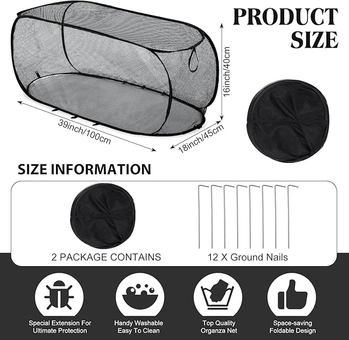 2 Pcs 39" x 18" x 16" Pop up Garden Rows Plants Cover Vegetable Mesh Plant Protector Net Cage Guard with Ground Nails for Protecting Vegetable Fruit Seedling from Animal (Black)