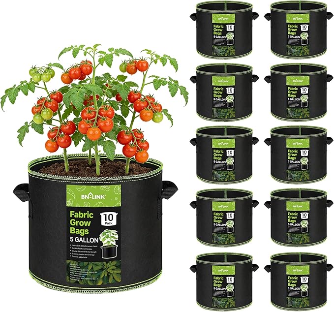 BN-LINK 10-Pack 5 Gallon Grow Bags, Heavy Duty Aeration Fabric Pots with Handles, Thickened Nonwoven Plant Bags for Vegetables, Flowers, Fruits