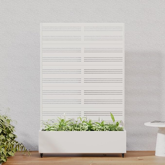 Casaphoria Metal Raised Garden Bed with Trellis and Wheels, 72"x47"x16" Arched Planter Box for Climbing Plants, Vegetables & Vines, Features Drainage Holes and Privacy Screen, White-Harold